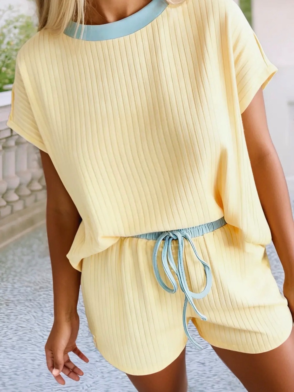 Yellow Ribbed Loungewear Set with Light Blue Trim